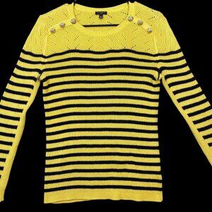 Talbots Yellow & Navy Striped Sweater With Gold Button Detail  Petite Medium